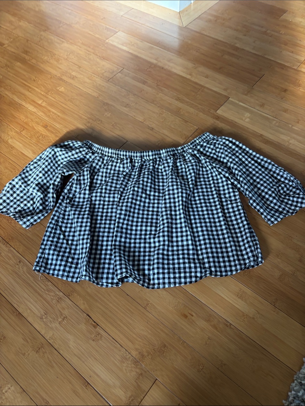 Caution To The Wind Black & White Gingham Off the Shoulder 3/4 Sleeve Top